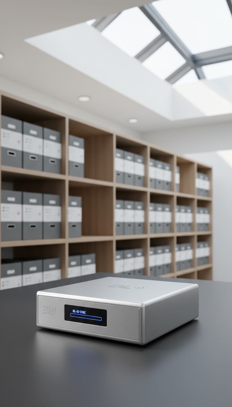 A sleek, brushed aluminum industrial RFID reader unit with a subtle digital display, resting on an uncluttered matte charcoal desktop. In the midground, neat rows of file boxes with embedded RFID labels line a contemporary storage wall, all in a clean office setting. Soft, indirect natural light from overhead skylights casts subtle gradients across the reader’s surface, with faint shadows adding dimensionality. The mood is orderly and sophisticated, emphasizing advanced technology’s seamless integration into business logistics. Shot from a slightly elevated, three-quarter angle with the device centered, the composition is balanced and clear, embodying professional photographic realism and a corporate aesthetic. This image underscores BL-ID’s expertise in innovative, enterprise-grade RFID infrastructure.