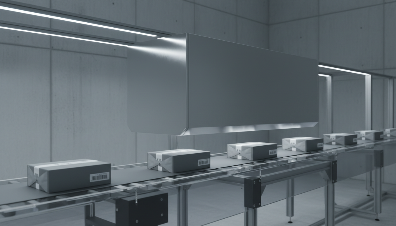 A clean, metallic RFID antenna embedded seamlessly above a transparent acrylic conveyor belt, with neatly spaced packages passing beneath it. The workspace, defined by clean, linear architecture and neutral concrete walls, signals high-tech efficiency. Cool, direct overhead LED lighting highlights the geometric lines of both antenna and conveyor while gentle shadowing gives the scene dimensionality. The mood is functional and technologically advanced, capturing the precision of automated logistics. Shot from a side angle at mid-height, the conveyor creates a strong leading line, drawing the viewer’s eye through the frame with balanced depth of field. Photographic realism and a modular corporate aesthetic reinforce the site’s innovative business focus.