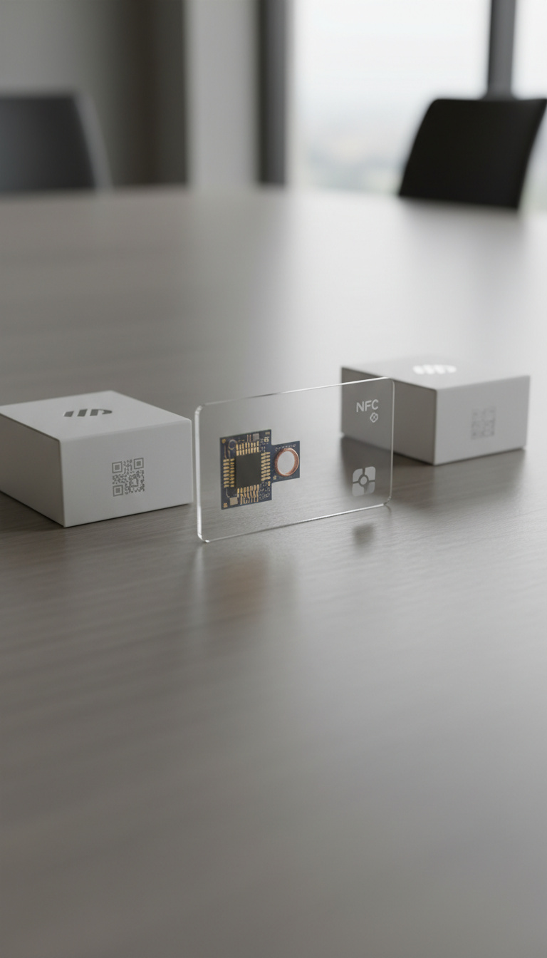 A close-up of a high-gloss, translucent NFC business card with intricate microchip detailing visible beneath the surface, set atop a polished neutral-toned conference table. Flanking the card are minimalistic, branded packaging boxes with understated QR codes, all arranged in a precise, linear fashion. Soft, neutral ambient lighting from above creates gentle reflections across the card’s surface, highlighting its advanced materials and craftsmanship. The overall mood is forward-thinking yet accessible, ideal for business communication. The composition employs the rule of thirds and features crisp focus on the card, with a gentle blur to the background elements, creating a sophisticated, photographic look well-suited to a technology-driven corporate website.