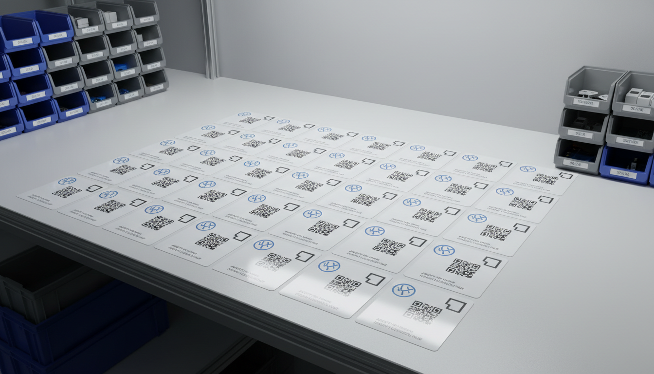 A set of RFID-printed asset labels featuring a combination of minimalist logos and crisp QR codes, arranged in a staggered grid across a pristine white industrial workbench. The bench is framed by smooth, light grey walls and neat rows of storage bins in the periphery, giving a sense of a well-ordered logistics hub. Soft, even LED panel lighting eliminates harsh shadows while creating subtle highlights on the labels’ printed surfaces, emphasizing clarity and professionalism. The mood is meticulous and reassuring, inspiring confidence in process control. Captured head-on with sharp focus across the frame and a slightly elevated perspective, the composition is structured, clean, and inherently photographic, encapsulating the business’s approach to logistical solutions.